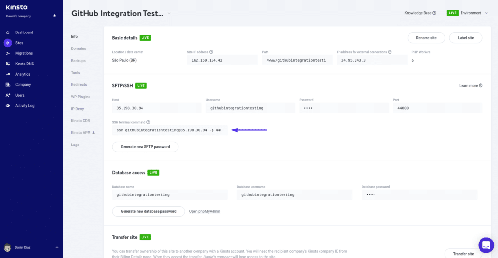 SSH ayrıntıları ve komutları bölümünü gösteren MyKinsta site bilgi sayfası.