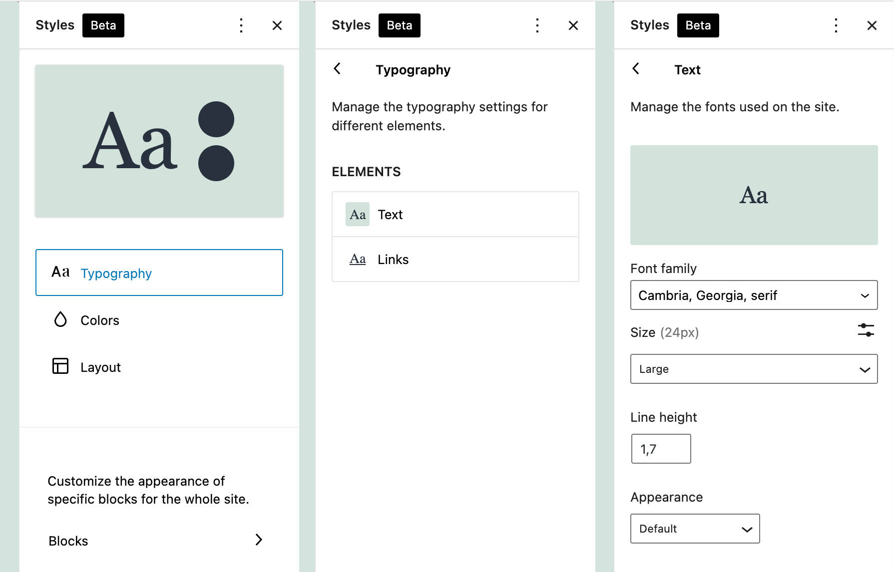 Pengaturan tipografi di TT1 Blocks Global Styles, menampilkan tiga panel berdampingan dengan berbagai opsi tipografi seperti jenis font, ukuran teks, dan warna.
