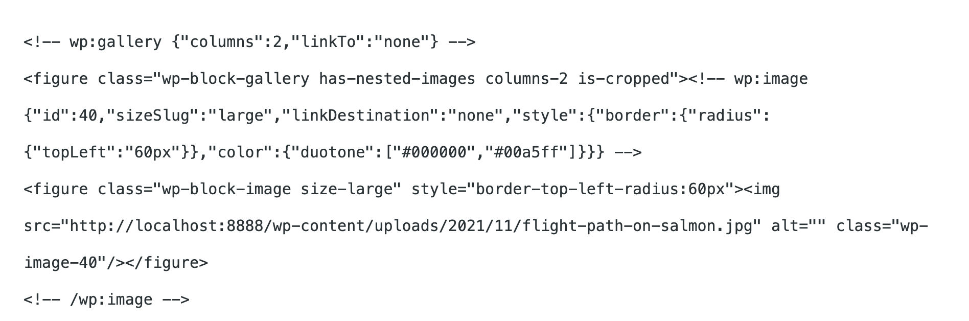 Blok galeri dalam tampilan kode di WordPress 5.9.