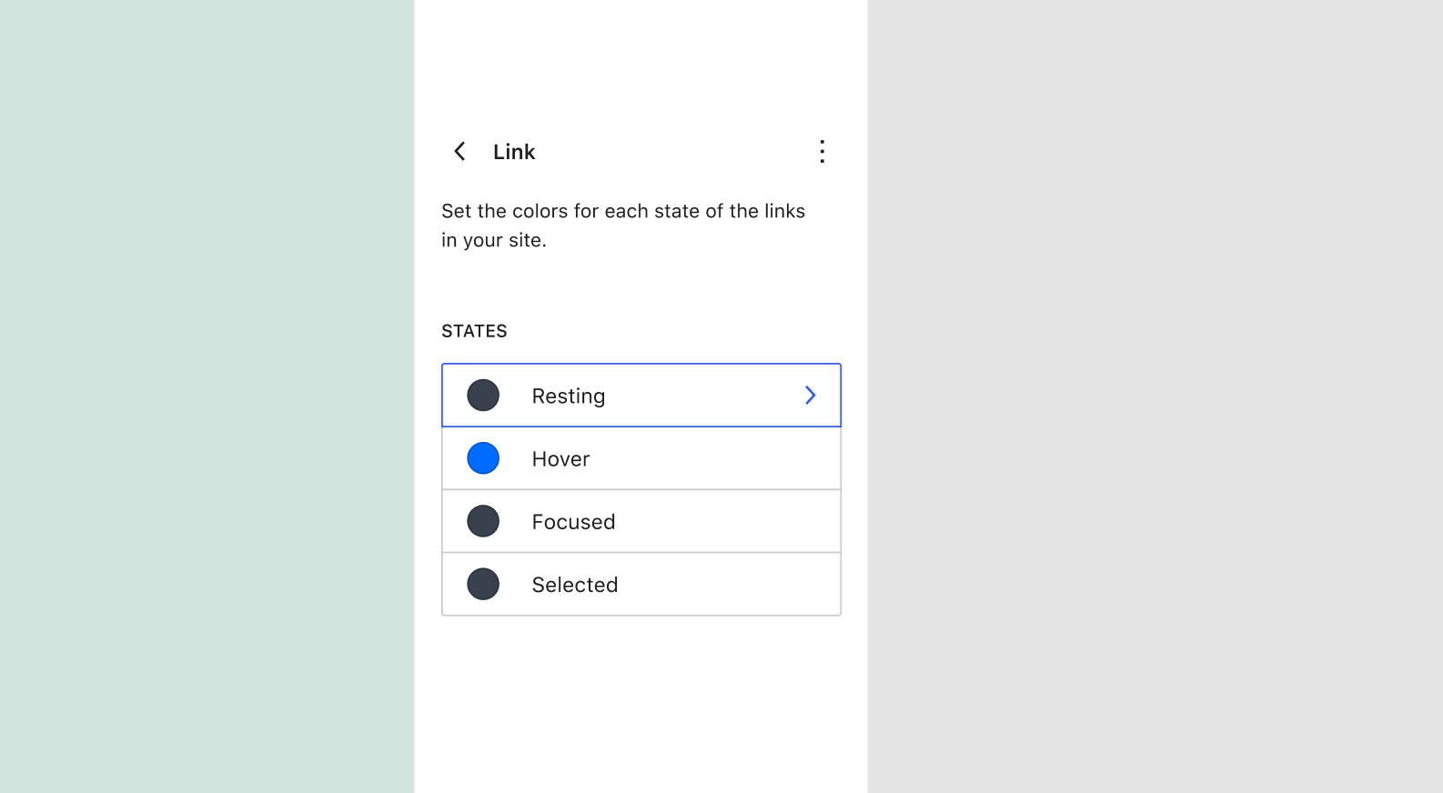 Mockup panel masa depan yang memungkinkan untuk mengubah warna status tautan, termasuk opsi untuk Istirahat, Arahkan Arah, Fokus, dan Dipilih.