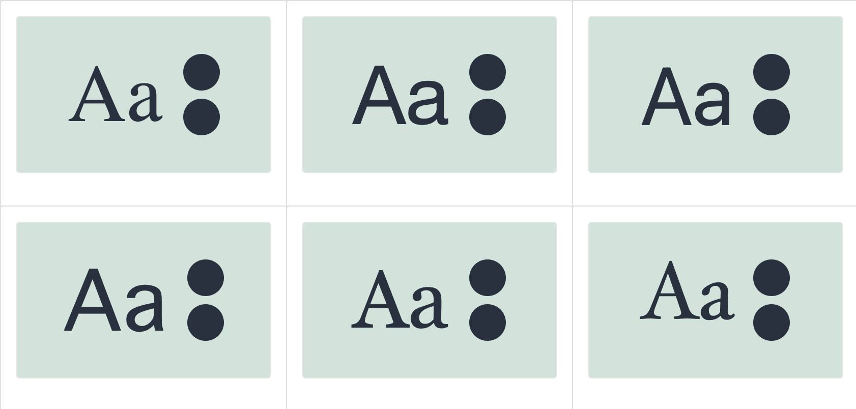 Enam pratinjau berbeda dari teks yang sama ("Aa") dengan kelompok font yang berbeda diterapkan.