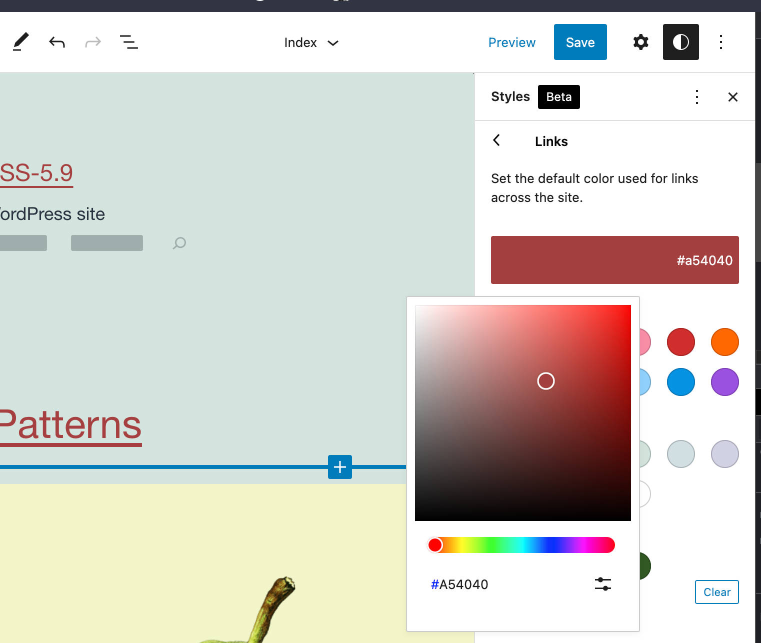 Pemilih warna memilih warna merah tua di panel Global Styles.