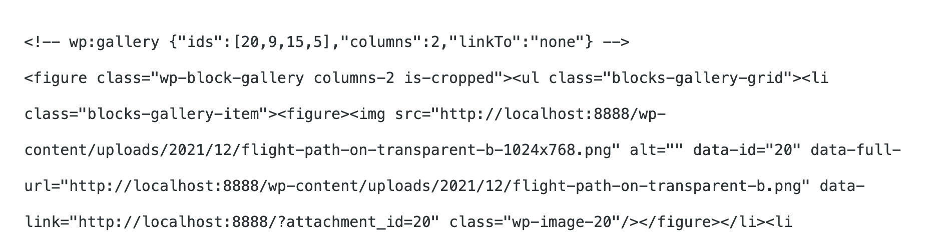 Blok galeri dalam tampilan kode di WordPress 5.8.