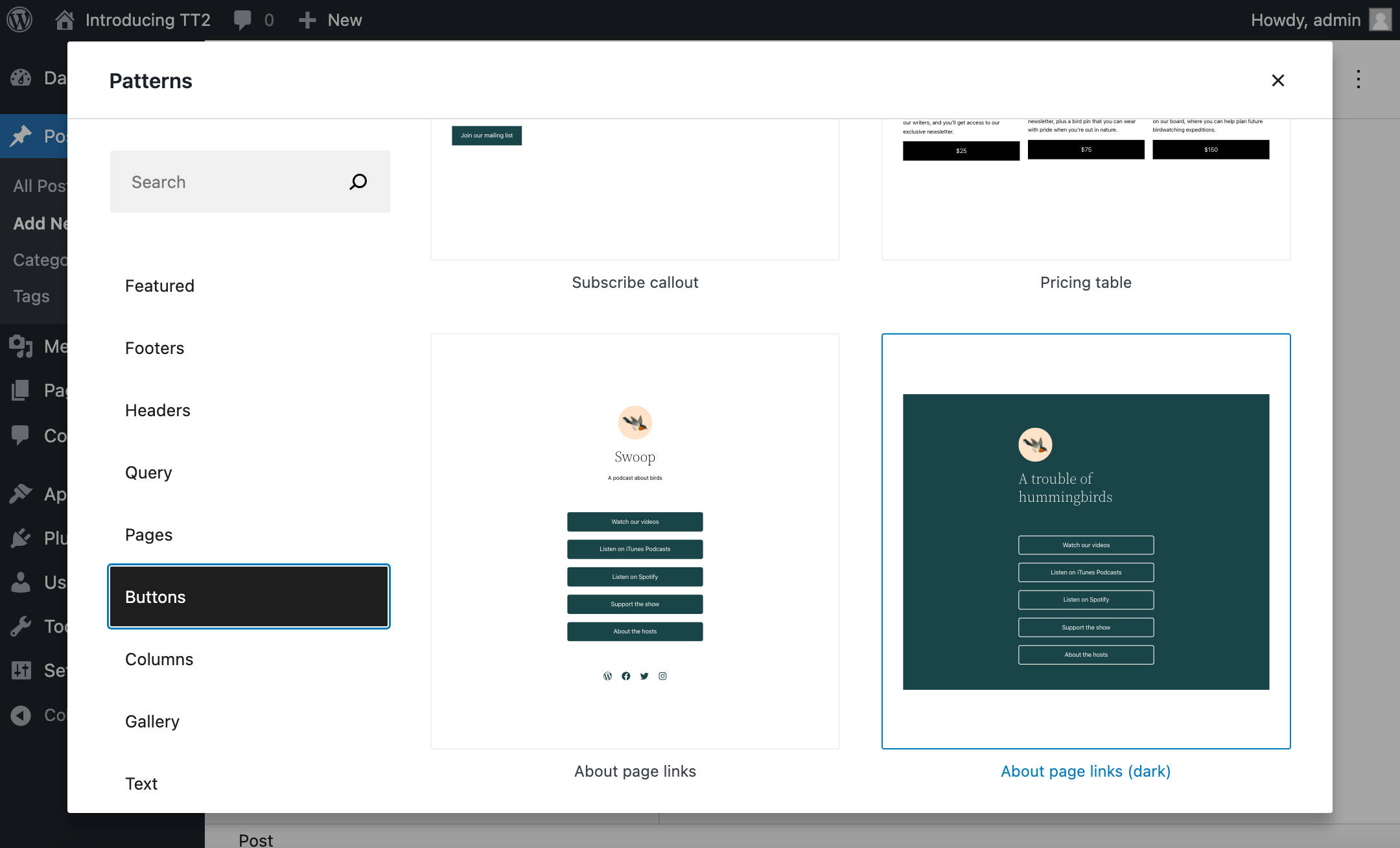 Tombol memblokir pola di WordPress 5.9.