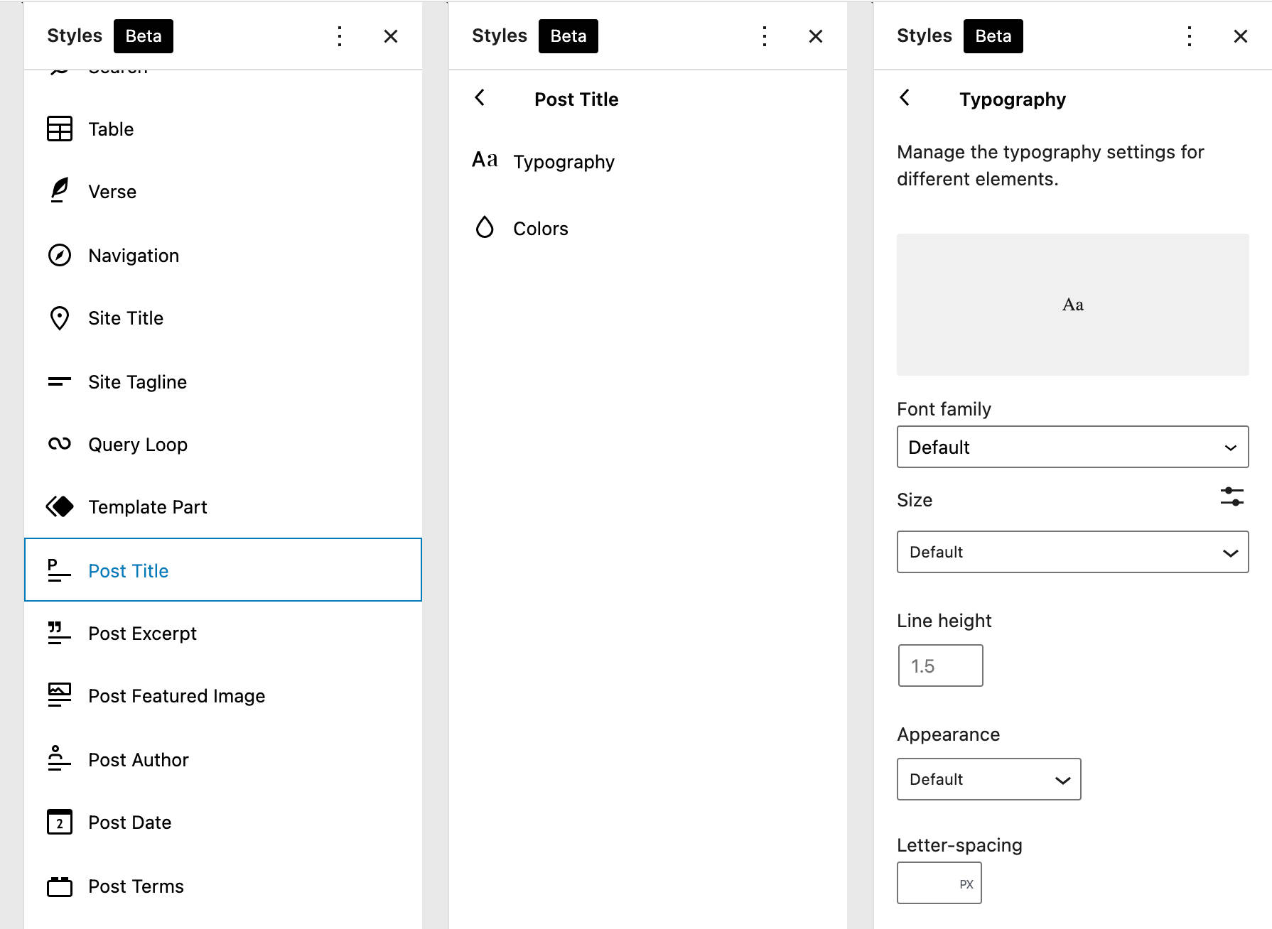 Pengaturan tipografi Judul Postingan di WordPress 5.9, menampilkan berbagai pilihan, termasuk (di antara banyak lainnya) Judul Postingan (yang disorot), Penulis Postingan, Tabel, Judul Situs, dan Navigasi.