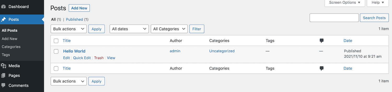 Lihat posting atau halaman di dasbor WordPress