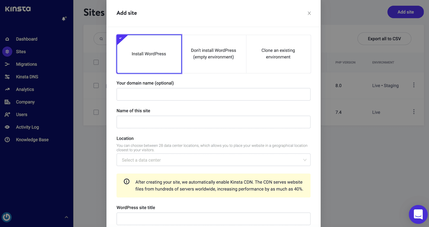 Instal WordPress di MyKinsta