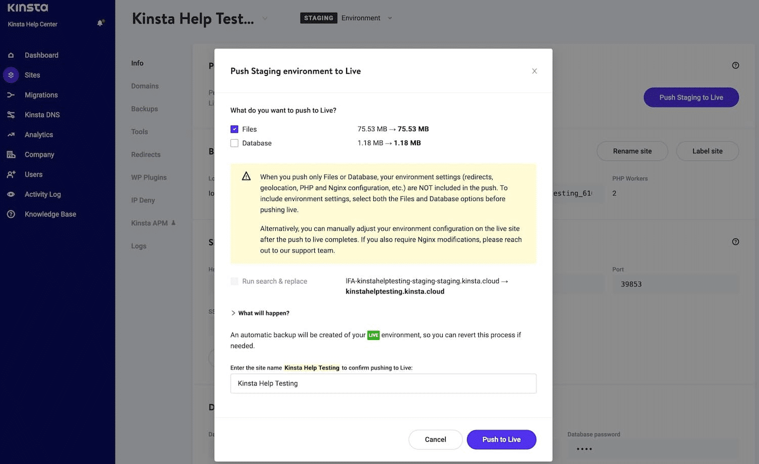 Скриншот экрана MyKinsta Selective Push, показывающий параметры для сайта, который вот-вот будет запущен из промежуточной стадии.