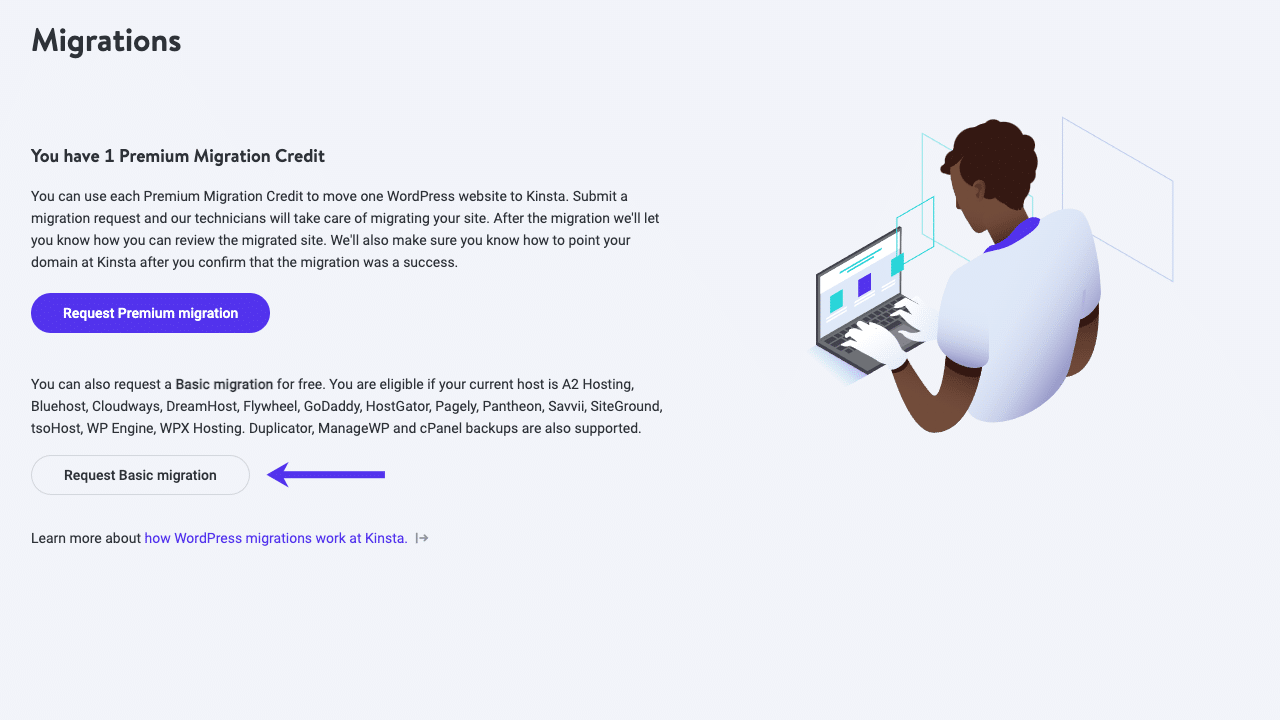 Отправка запроса на миграцию MyKinsta