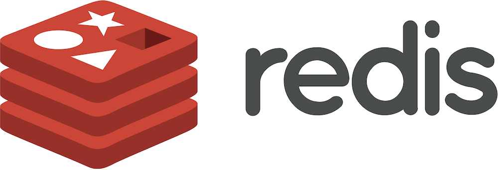 Логотип Redis с текстом в нижнем регистре, показывающий стопку из трех красных плиток слева, на которых изображены белые звезды, круг и треугольник.