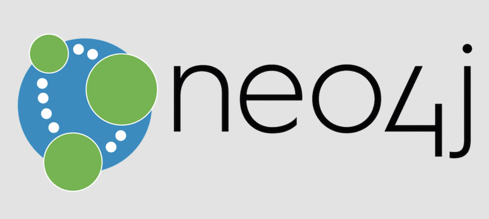 Логотип Neo4j в нижнем регистре с минималистичным синим шаром слева от текста с тремя зелеными кругами, соединенными рядами белых точек.