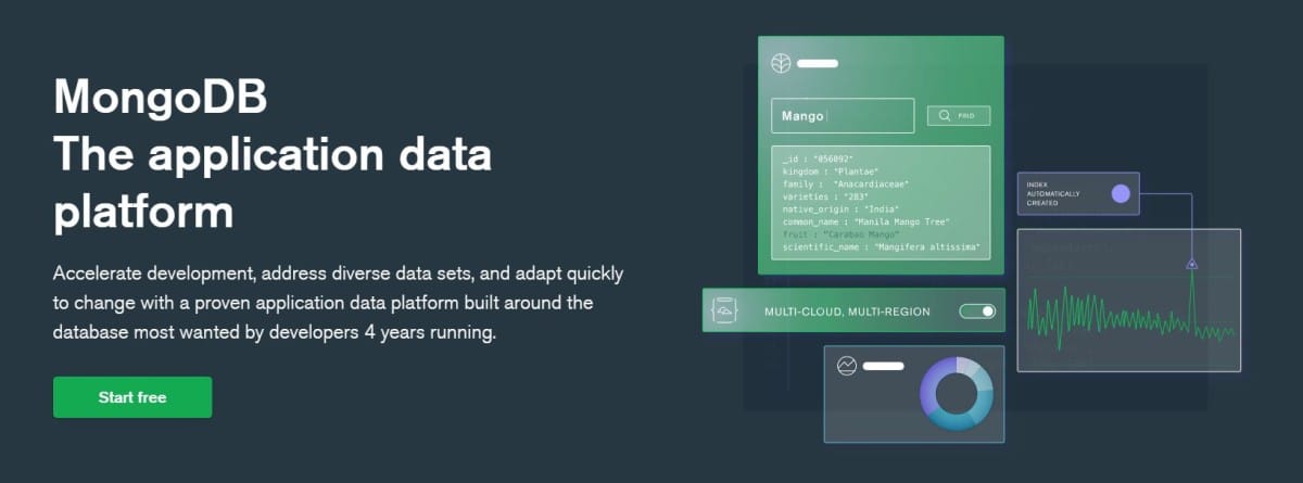 帶有“MongoDB：應用數據平台”字樣的 MongoDB 網站