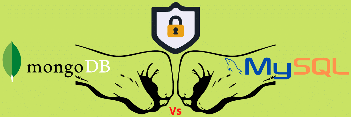 比較 MongoDB 和 MySQL 的安全性，通過顯示兩個相對的打孔手和上部中間的安全標誌