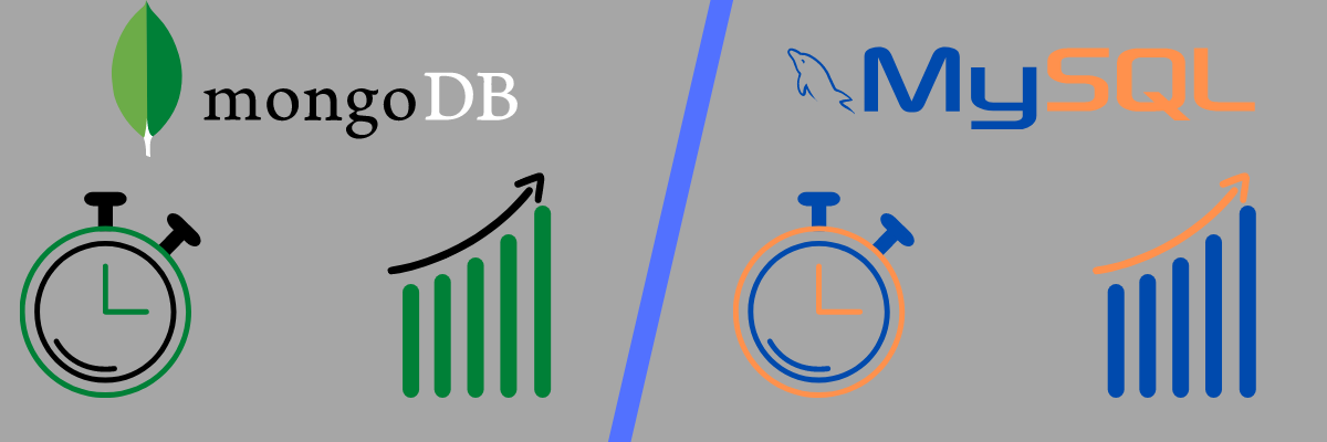 MongoDB 和 MySQL 的性能和速度的並排比較，通過顯示時鐘和增加圖，兩邊都有一個增加的箭頭