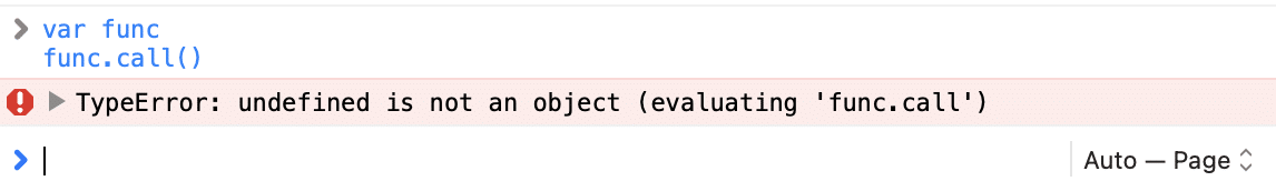 Ошибка «TypeError: undefined is not a object», показанная на красном фоне рядом с красным значком восклицательного знака с вызовом метода func.call() над ним.