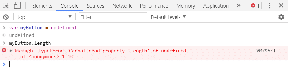Ошибка «Uncaught TypeError: не удается прочитать свойство «длина» неопределенного», отображаемая на красном фоне рядом со значком красного креста с вызовом myButton.length над ним.