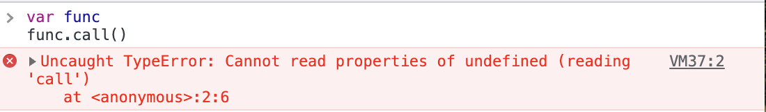 Ошибка «Uncaught TypeError: Cannot read properties of undefined» отображается на красном фоне рядом со значком красного креста с func.call() над ним.