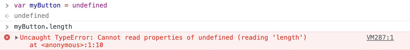 Ошибка «Uncaught TypeError: Cannot read properties of undefined», показанная на красном фоне рядом со значком красного креста с вызовом myButton.length над ним.