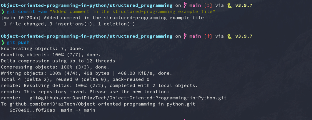 Терминал, показывающий две команды: «git commit -am «Добавлен комментарий в файл примера структурированного программирования» и «git push» с успешным ответом от сервера GitHub.