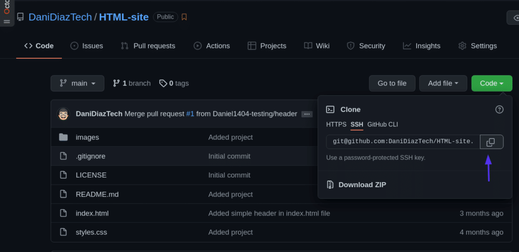 Страница GitHub с командой клонирования SSH.