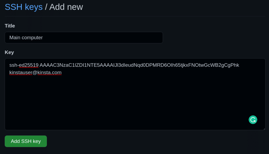 Добавьте новую форму ключа SSH с полями «Название» и «Ключ».