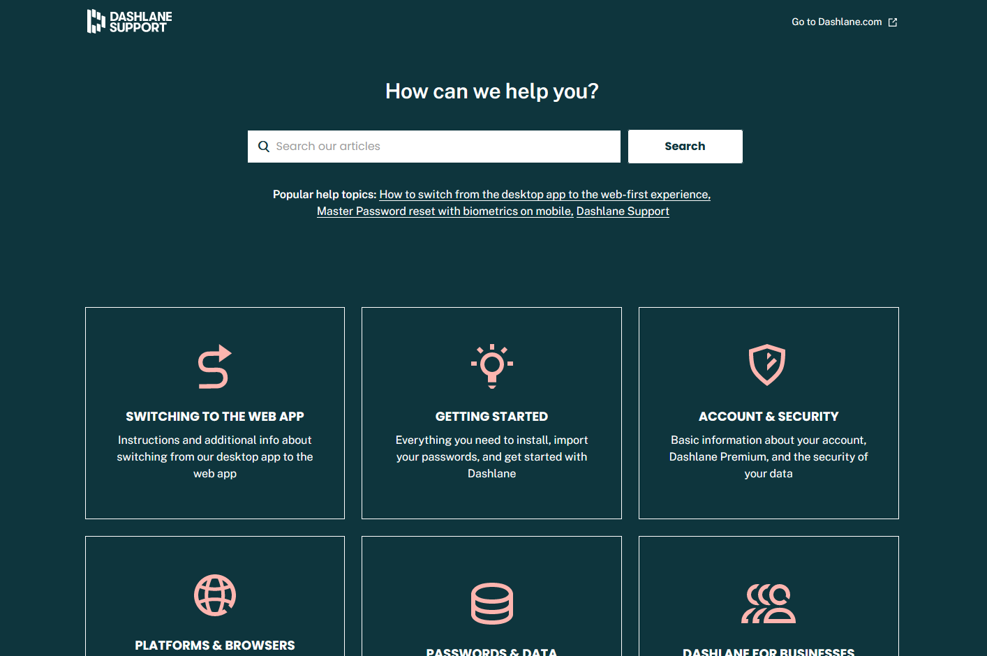 Страница поддержки Dashlane