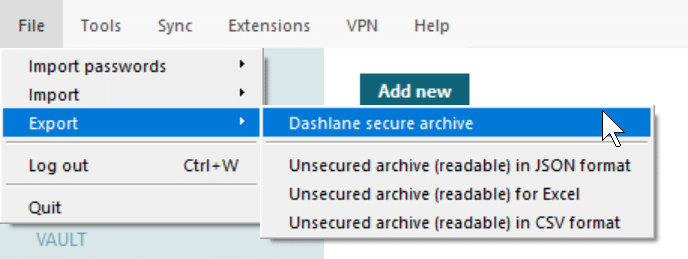 Параметры экспорта паролей Dashlane