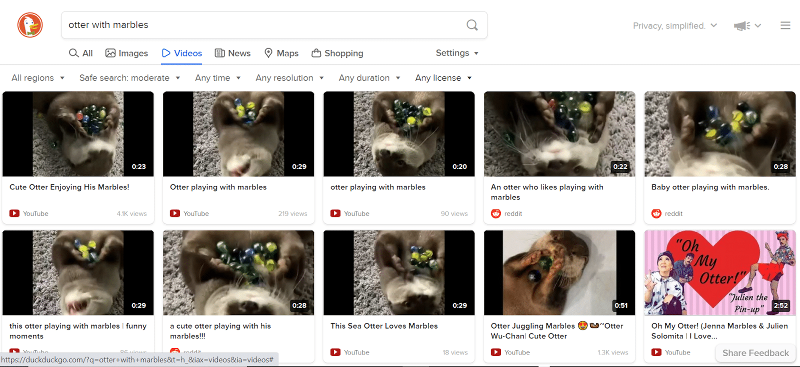 Страница поисковой системы видео DuckDuckGo
