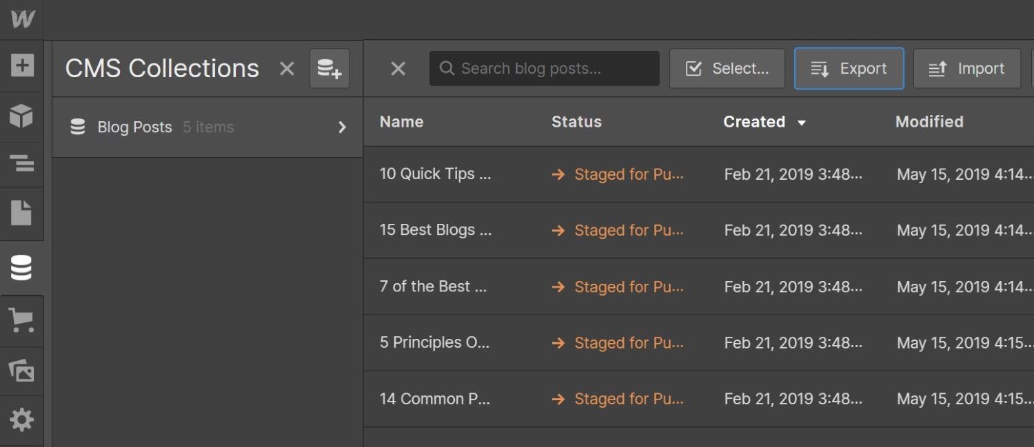 Панель коллекций Webflow CMS