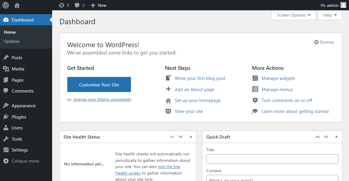 Панель управления WordPress.