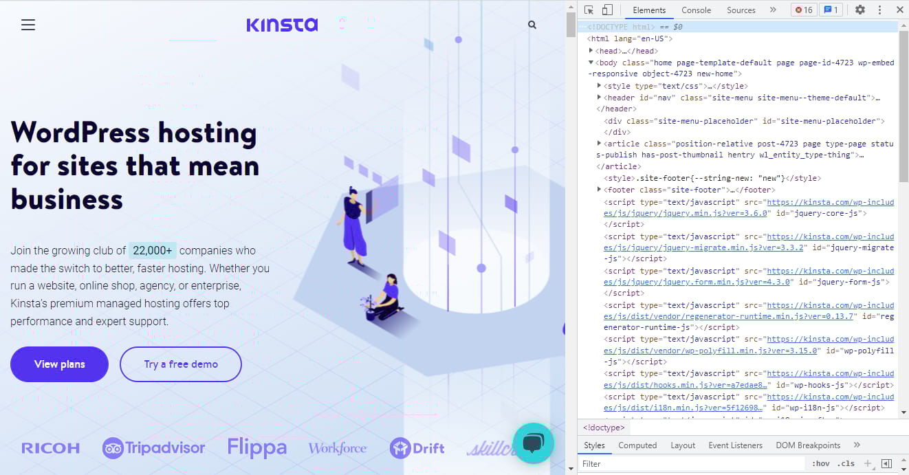 มุมมอง HTML ของหน้าแรกของ Kinsta
