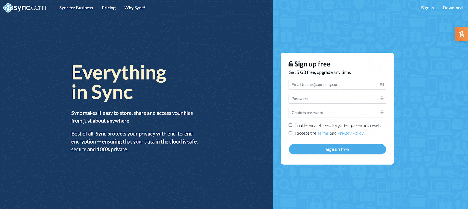 หน้าแรกของเว็บไซต์ Sync.com