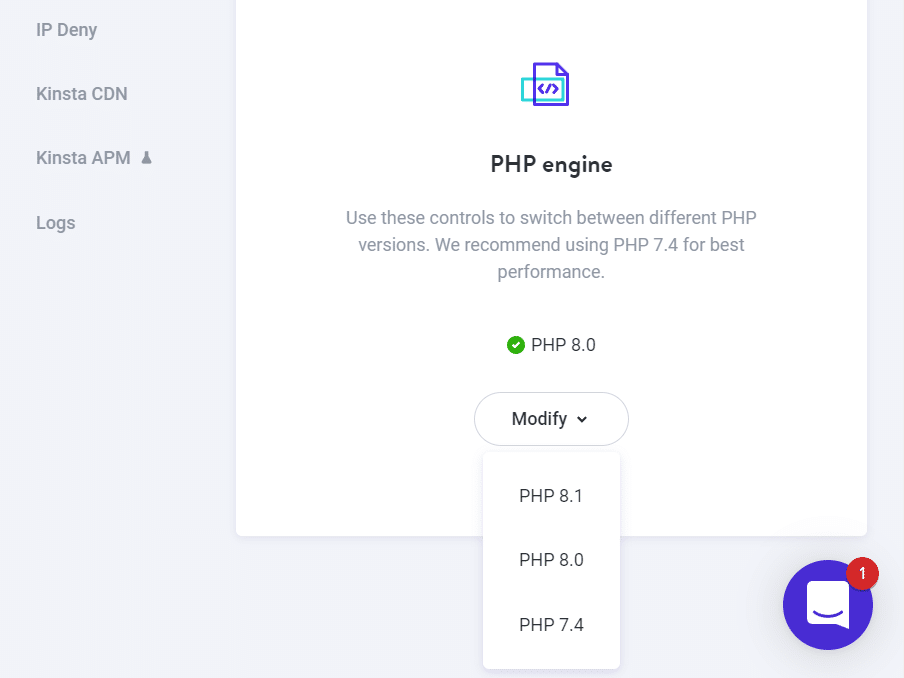 Переключение версий PHP с помощью MyKinsta