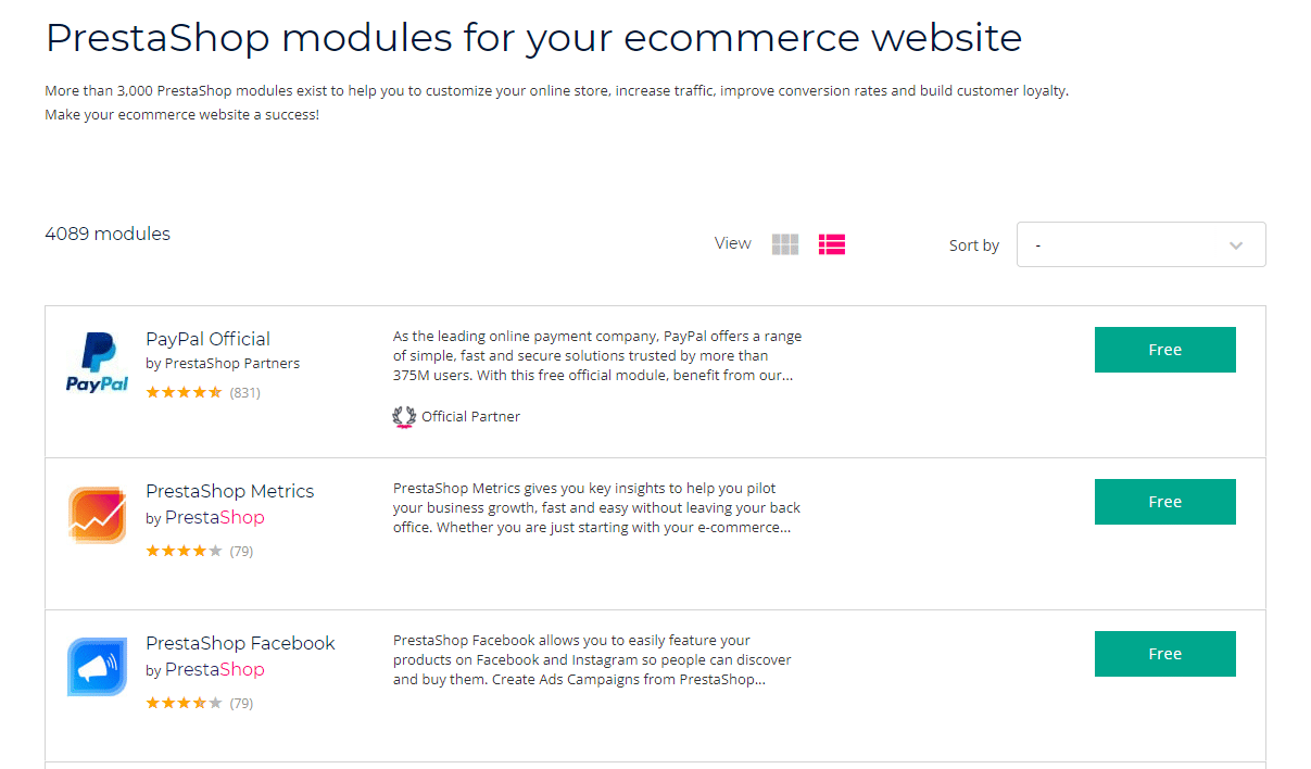 База данных дополнений PrestaShop