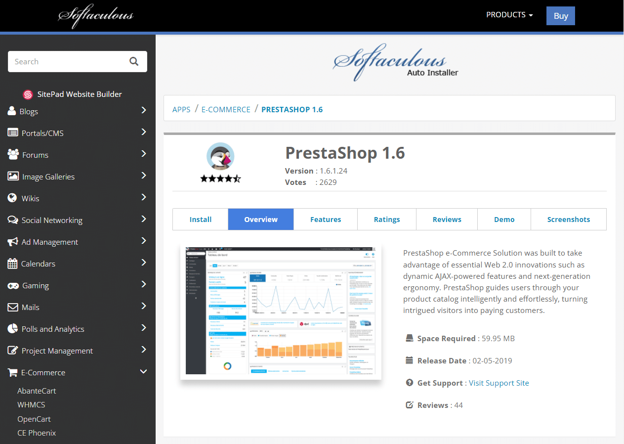 Использование Softaculous для установки PrestaShop