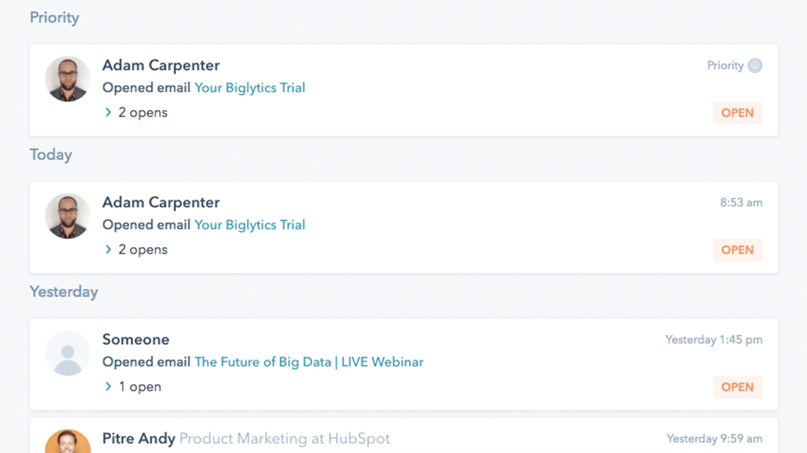 Daftar kontak dan statistik pelacakan email di HubSpot