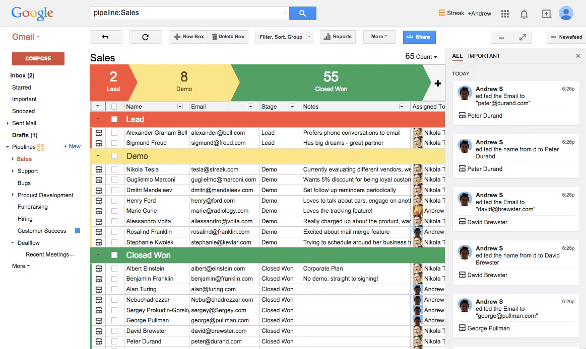 Tangkapan layar Streak yang diintegrasikan ke dalam Gmail