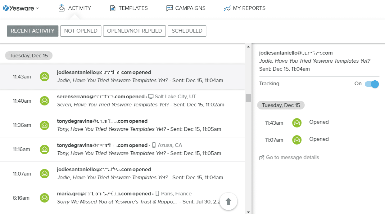 Pelacakan email Yesware