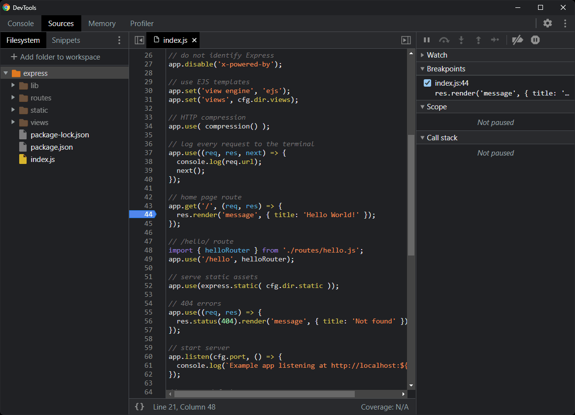 Panel źródeł Chrome DevTools