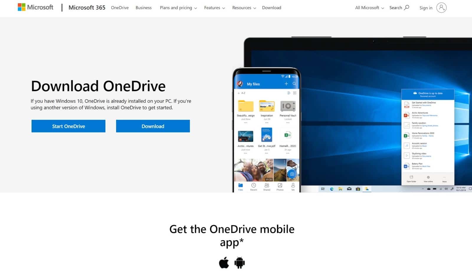 Домашняя страница веб-сайта Microsoft OneDrive