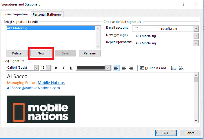 Создание новой подписи в Outlook