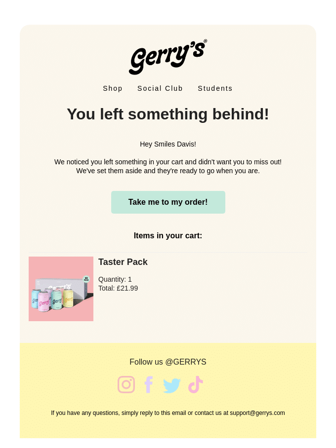 Un exemplu de e-mail de abandonare a coșului de la Gerry's