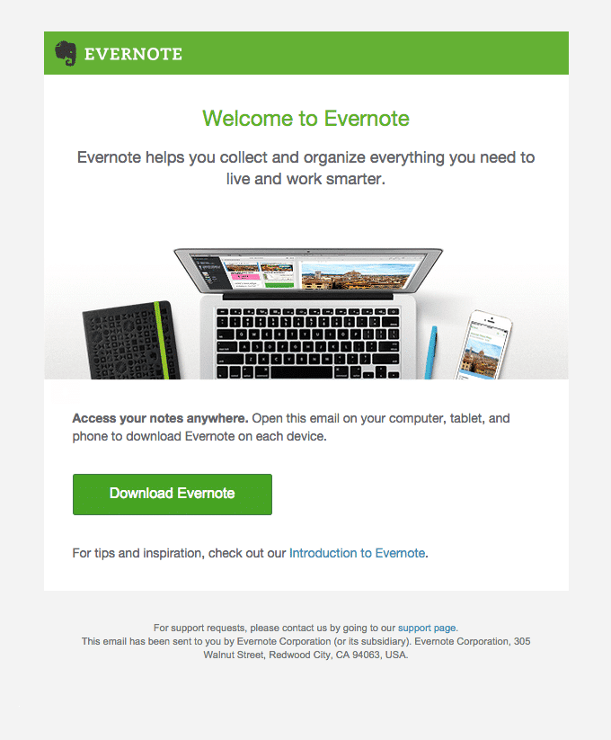 Un exemplu de e-mail de bun venit de la Evernote
