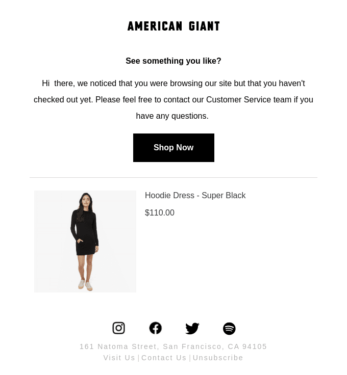 Un exemplu de e-mail de abandonare a coșului de la American Giant