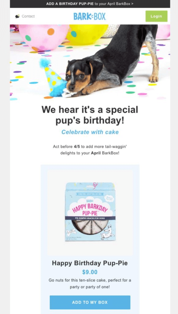 Un exemplu de e-mail „la mulți ani” de la BarkBox