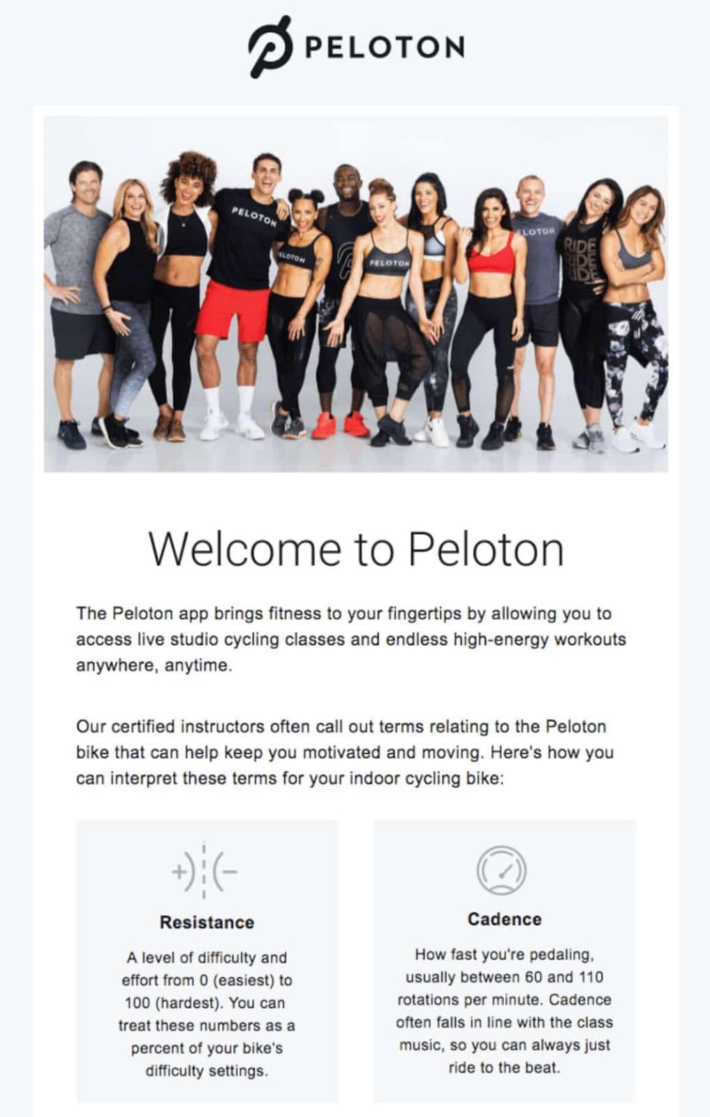 Un exemplu de e-mail de bun venit de la Peloton