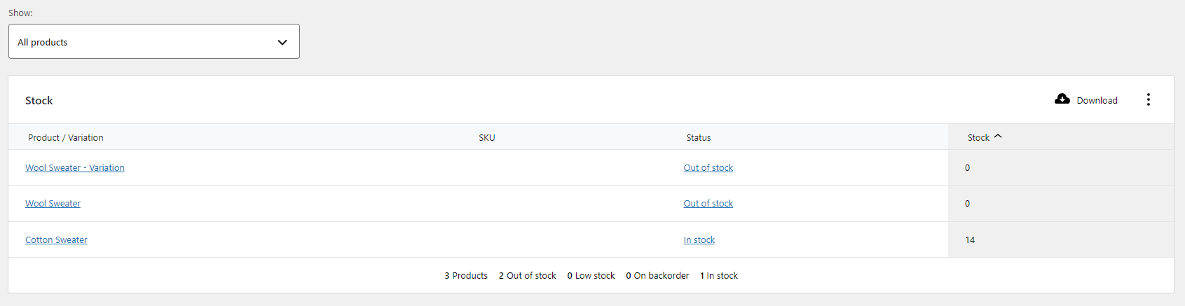 Просмотр отчетов о состоянии запасов в WooCommerce.