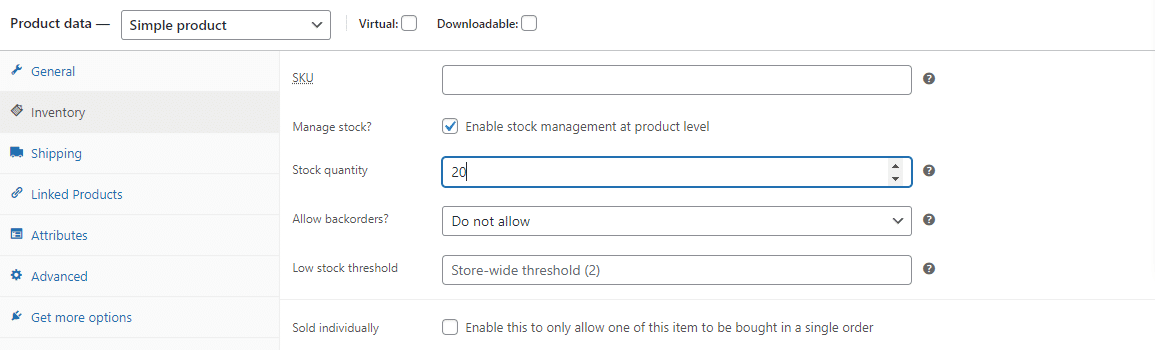 Включение управления запасами на уровне продукта в WooCommerce.