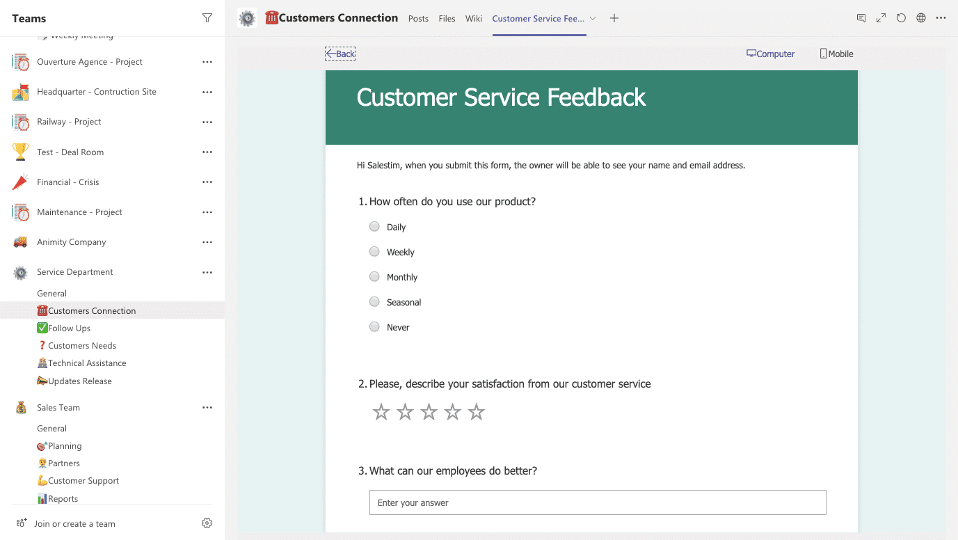 Sondaj de serviciu pentru clienți Microsoft Forms
