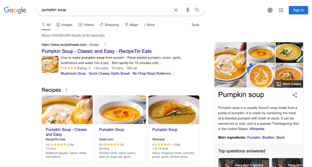 Intención de búsqueda de "sopa de calabaza"